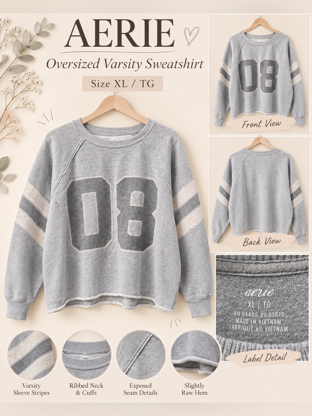 Aerie Oversized Varsity Sweatshirt XL
Graphic Striped Sleeve